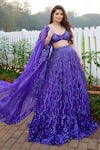 Buy_Mehak Murpana_Purple Net Embroidery Sequin Leaf Neck Bridal Lehenga Set _at_Aza_Fashions