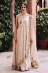 Buy_Samatvam by Anjali Bhaskar_Off White Crepe Shantoon V-shaped Embroidered Pre-draped Saree  _at_Aza_Fashions