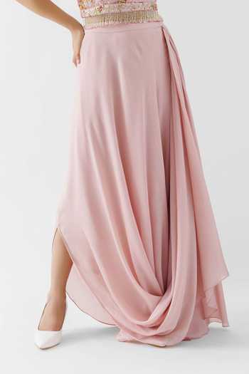 Shop_Suruchi Parakh_Pink Satin Silk, Georgette Crepe, Lining Shantoon Floral Draped Skirt Set _Online_at_Aza_Fashions