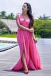 Buy_Swatee Singh_Pink Georgette V Neck Flared Slit Gown _at_Aza_Fashions