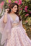 Pasha India_Pink Linen, Chiffon Sequins, Embroidery, Pearls V-neck Floral Print Lehenga Set _Online