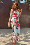 Buy_Mandira Wirk_Green Crepe Satin Printed Cold Shoulder Slip Dress _at_Aza_Fashions