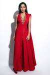 Buy_Nidhika Shekhar_Red Linen V Neck Draped Jumpsuit _at_Aza_Fashions