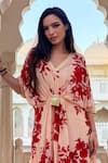 Palak & Mehak_Beige Rayon Crepe Embroidered Gota Patti V Neck Floral Print Kaftan Dress _Online