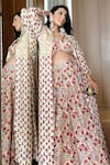 Shop_Drishti & Zahabia_Ivory Dupion Silk And Embroidery Floral V Neck Jacket Lehenga Set _Online_at_Aza_Fashions