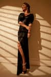 Buy_Cham Cham_Black Polyester V-neck Pleated Draped High Slit Gown_Online_at_Aza_Fashions