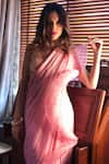 Shop_Cherie D_Pink Organza, Tulle, Satin V Neck Ruffle Pre-draped Saree With Blouse _at_Aza_Fashions