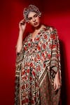 Rajdeep Ranawat_Beige Silk V Neck Printed Kaftan Dress  _at_Aza_Fashions