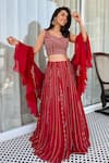 Buy_Charu and Vasundhara_Red Blouse- Tussar Silk Embroidery Leaf Neck Embellished Lehenga Set _at_Aza_Fashions
