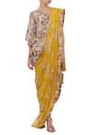 Buy_Nikasha_Yellow Crepe Silk V Neck Printed Dhoti Pant Saree With Blouse _Online_at_Aza_Fashions