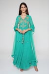 Buy_Bha Sha_Green Georgette, Net, Linen Beads V-neck Ina Embroidered Tunic Sharara Set _Online_at_Aza_Fashions