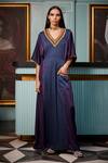 Buy_Qbik_Blue Textured Crepe Satin V Neck Panelled Tie Up Kaftan _at_Aza_Fashions