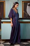 Qbik_Blue Textured Crepe Satin V Neck Panelled Tie Up Kaftan _Online_at_Aza_Fashions