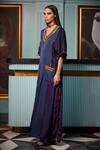 Buy_Qbik_Blue Textured Crepe Satin V Neck Panelled Tie Up Kaftan _Online_at_Aza_Fashions