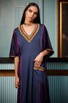 Shop_Qbik_Blue Textured Crepe Satin V Neck Panelled Tie Up Kaftan _Online_at_Aza_Fashions