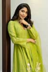 Shop Devnaagri Green Chanderi, Silk Organza Pearls, Embroidery Ikat Print Anarkali Palazzo Set Shop_Devnaagri_Green Chanderi, Silk Organza Pearls, Embroidery Ikat Print Anarkali Palazzo Set
