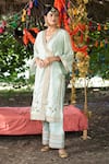 Buy_Tanu Malhotra_Green Mul Silk Embroidery Gota Work V Neck Kurta And Trouser Set  _at_Aza_Fashions