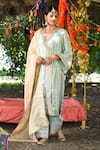 Tanu Malhotra_Green Mul Silk Embroidery Gota Work V Neck Kurta And Trouser Set  _Online_at_Aza_Fashions