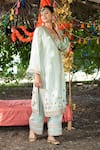 Buy_Tanu Malhotra_Green Mul Silk Embroidery Gota Work V Neck Kurta And Trouser Set  _Online_at_Aza_Fashions