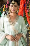 Shop_Tanu Malhotra_Green Mul Silk Embroidery Gota Work V Neck Kurta And Trouser Set  _Online_at_Aza_Fashions