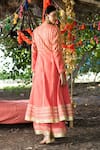 Shop_Tanu Malhotra_Coral Kurta Twill Cotton Embroidery Gota Anarkali And Farshi Pyjama Set  _at_Aza_Fashions