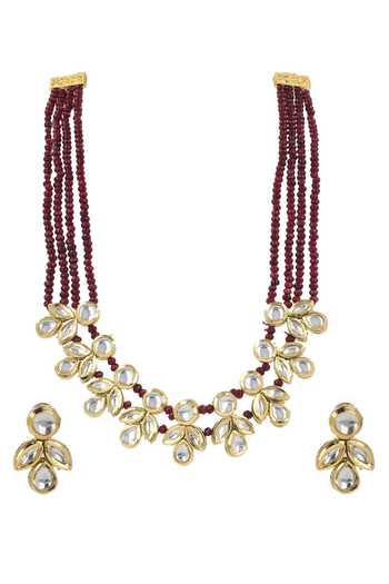 Ishhaara_Multi Color Beads, Diamonds Scarlet Beaded Polki Necklace Set _Online_at_Aza_Fashions