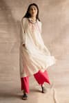 Swatti Kapoor_White Pin Stripe Chanderi Printed Block Collared Ishan Kurta  _Online_at_Aza_Fashions