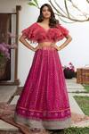 Buy_Jade by Monica and Karishma_Pink Organza Embroidered Thread Work V Neck Ruffle Choli And Lehenga Set _at_Aza_Fashions