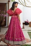 Shop_Jade by Monica and Karishma_Pink Organza Embroidered Thread Work V Neck Ruffle Choli And Lehenga Set _at_Aza_Fashions