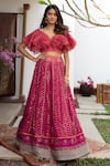 Jade by Monica and Karishma_Pink Organza Embroidered Thread Work V Neck Ruffle Choli And Lehenga Set _Online_at_Aza_Fashions