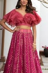 Buy_Jade by Monica and Karishma_Pink Organza Embroidered Thread Work V Neck Ruffle Choli And Lehenga Set _Online_at_Aza_Fashions