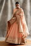 Buy_Itrh_Peach Angarkha Jacquard Cotton Dupatta Silk Organza Churidar Angrakha Set _at_Aza_Fashions