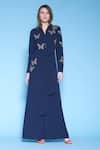 Buy_Shahin Mannan_Blue Double Crepe Spread Collar Embroidered Jumpsuit_at_Aza_Fashions
