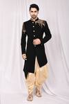 Buy_Arihant Rai Sinha_Black Terrycloth, Silk Embroidery Asymmetric Sherwani Set_at_Aza_Fashions
