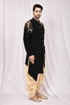 Arihant Rai Sinha_Black Terrycloth, Silk Embroidery Asymmetric Sherwani Set_Online_at_Aza_Fashions