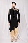 Buy_Arihant Rai Sinha_Black Terrycloth, Silk Embroidery Asymmetric Sherwani Set_Online_at_Aza_Fashions