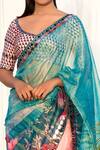 Shop_Izzumi Mehta_Blue Organza Leaf Neck Printed Saree With Blouse _at_Aza_Fashions