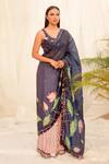 Buy_Izzumi Mehta_Blue Crepe Leaf Neck Organza Printed Saree With Blouse _at_Aza_Fashions