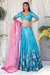 Buy_Izzumi Mehta_Blue Crepe Leaf Neck Printed Lehenga Set _at_Aza_Fashions