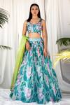 Buy_Izzumi Mehta_Blue Organza Leaf Neck Printed Lehenga Set _at_Aza_Fashions