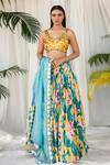 Buy_Izzumi Mehta_Blue Crepe Leaf Neck Printed Lehenga Set _at_Aza_Fashions