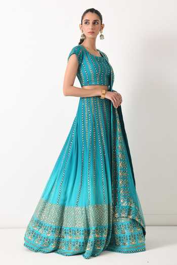 Shop_Pooja Rajgarhia Gupta_Blue Organza, Georgette Round Embroidered Lehenga Set _at_Aza_Fashions