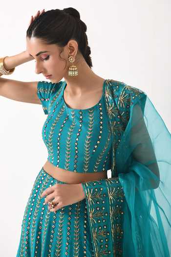 Pooja Rajgarhia Gupta_Blue Organza, Georgette Round Embroidered Lehenga Set _Online_at_Aza_Fashions