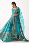 Shop Pooja Rajgarhia Gupta Blue Organza, Georgette Leaf Neck Printed Anarkali With Dupatta Online at Aza Fashions Shop_Pooja Rajgarhia Gupta_Blue Organza, Georgette Leaf Neck Printed Anarkali With Dupatta _Online_at_Aza_Fashions