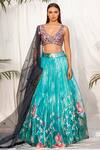 Buy_Izzumi Mehta_Blue Crepe Leaf Neck Printed Lehenga Set _at_Aza_Fashions