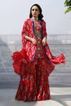 Buy Pooja Rajgarhia Gupta Red Georgette Kurta Round Cape Open Printed And Sharara Set at Aza Fashions Buy_Pooja Rajgarhia Gupta_Red Georgette Kurta Round Cape Open Printed And Sharara Set _at_Aza_Fashions