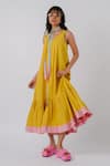 Buy_Tussah By Siddhi Shah_Yellow Cotton V-neck Tiered Dress _Online_at_Aza_Fashions