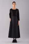 JAYATI GOENKA_Black Denim, Cotton Linen Round Dyed Shashiko Midi Dress _Online_at_Aza_Fashions