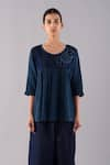 Buy_Jayati Goenka_Blue Denim Round Dyed Sashiko Blouse _at_Aza_Fashions