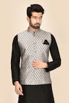 Buy_Aryavir Malhotra_Silver Silk Blend Printed Bundi _at_Aza_Fashions